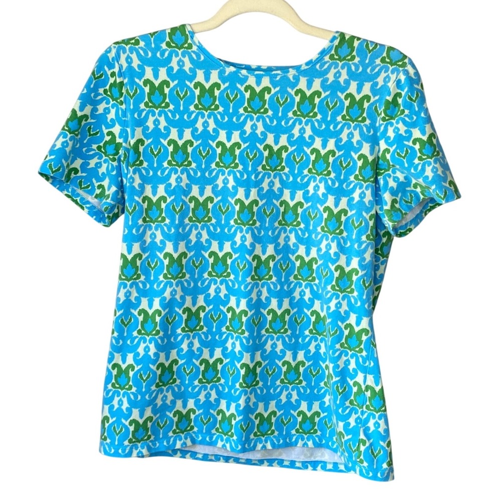 Talbots Tee Womens Medium Blue Green Damask Ikat Print Short Sleeve Cotton Top